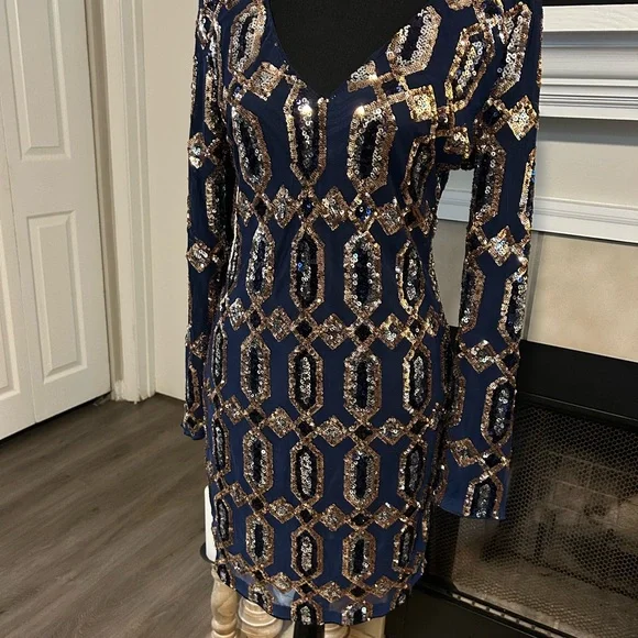 Fashion Nova Navy and Gold Long Sleeve Dress - Picture 2 of 7